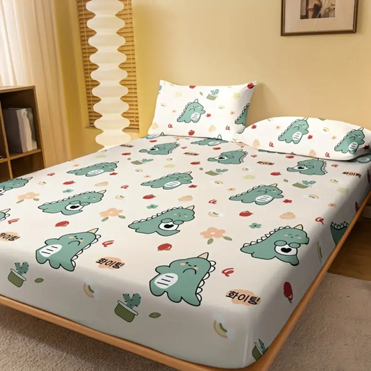 Dinosaur Print Silk Bed Sheet With Pillow Covers