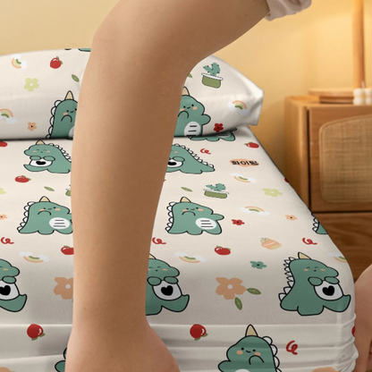 Dinosaur Print Silk Bed Sheet With Pillow Covers