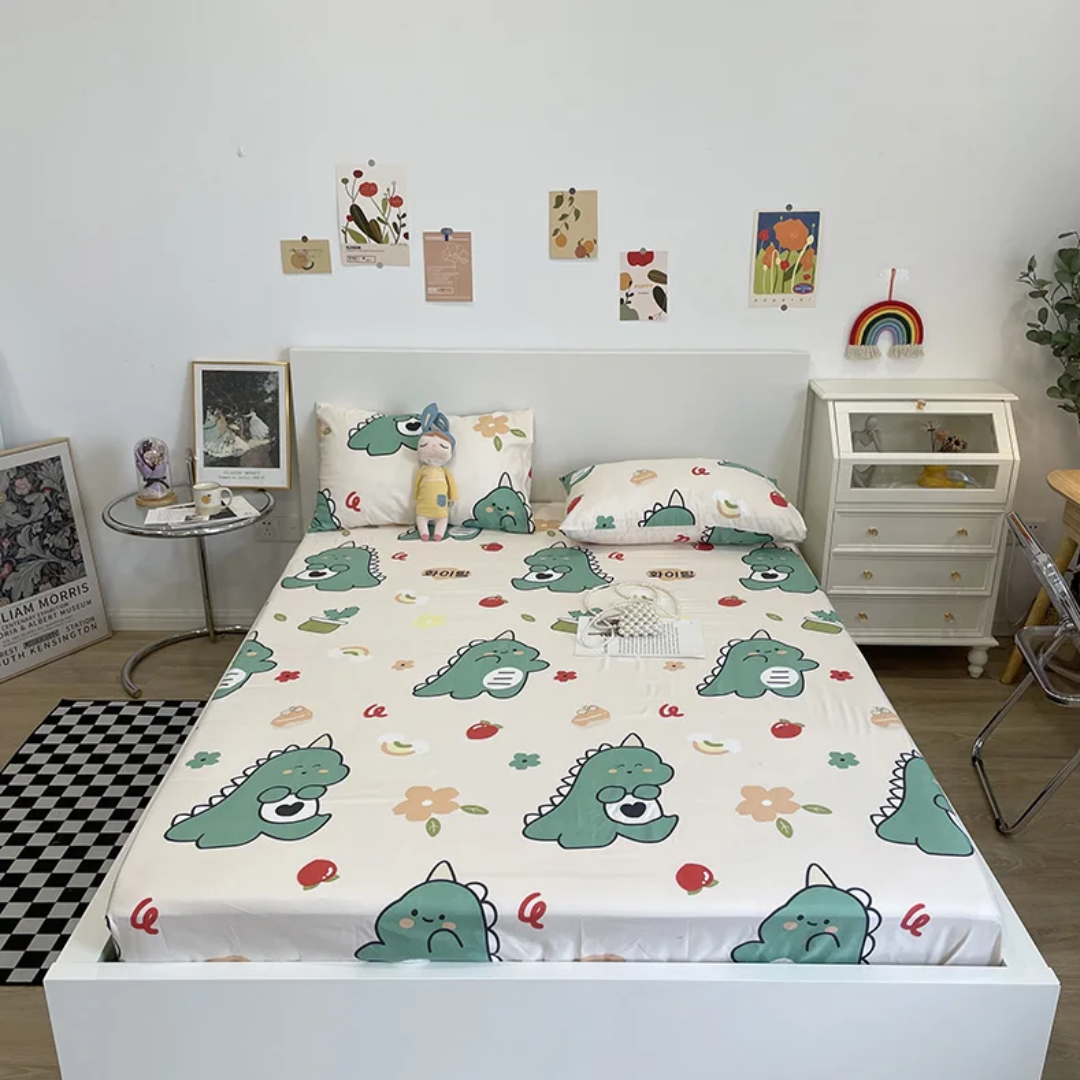 Dinosaur Print Silk Bed Sheet With Pillow Covers