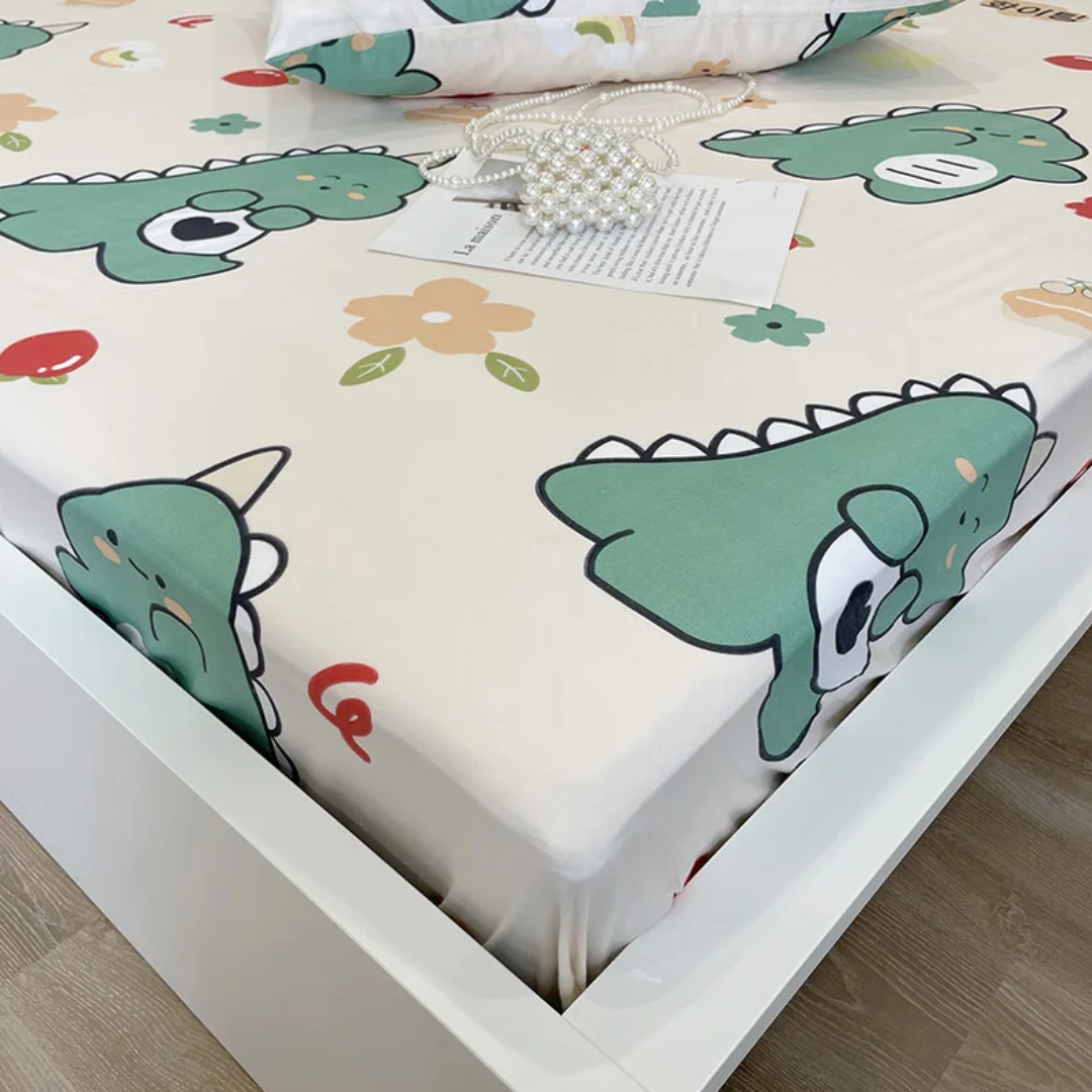 Dinosaur Print Silk Bed Sheet With Pillow Covers