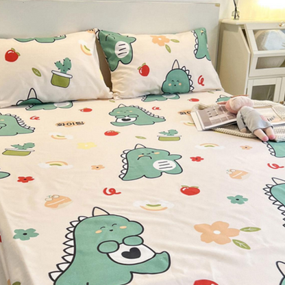 Dinosaur Print Silk Bed Sheet With Pillow Covers