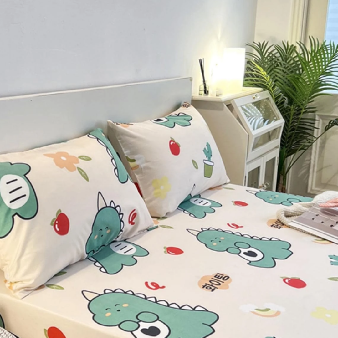 Dinosaur Print Silk Bed Sheet With Pillow Covers